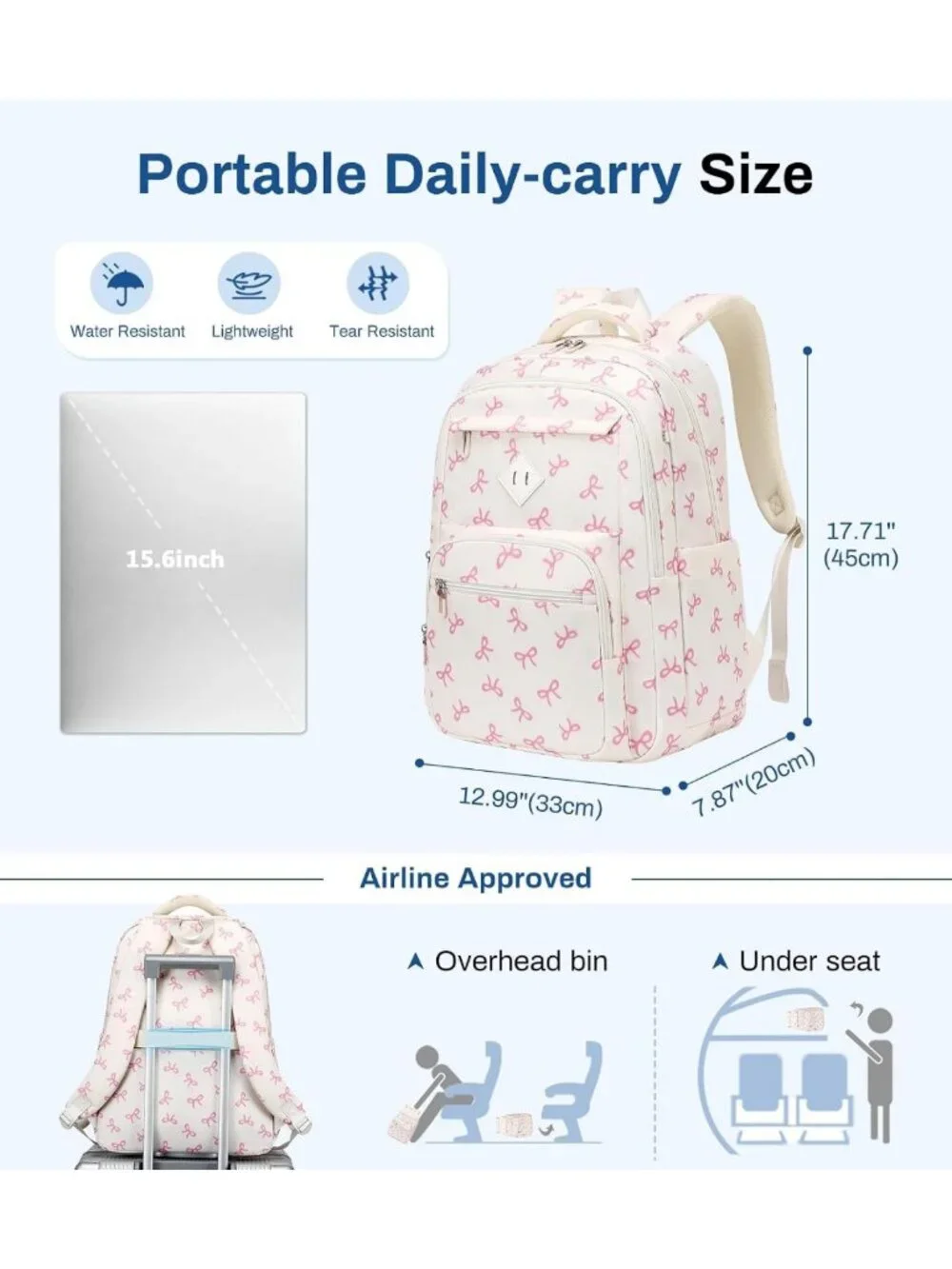 Lightweight Girls Backpack, Multi-Pocket College Bookbag, Travel Backpack, Beige